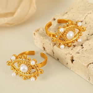 1 Piece Simple Series Punk Eye Stainless Steel  Gold Color Artificial Pearl Women's Adjustable Rings h5 